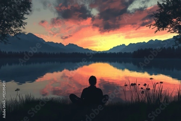Fototapeta A meditative person sitting in front of a calm lake, with the reflection of the sunset creating a sense of harmony and inner peace.