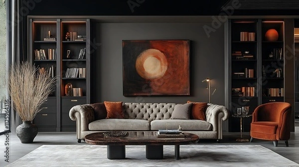 Fototapeta Modern living room interior with beige sofa, bookshelves, and abstract art.