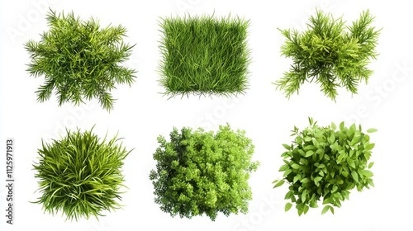 Fototapeta 9.Isolated green grass bushes in a vector style on a white background, each bush presented in varying shades of green to highlight depth and texture. The grass blades are layered closely, creating a