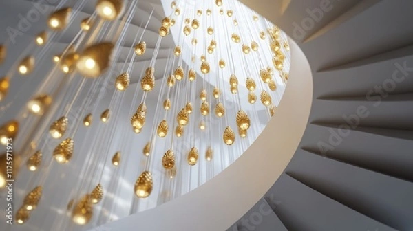 Fototapeta Spiral Staircase Illuminated by a Chandelier of Golden Teardrops
