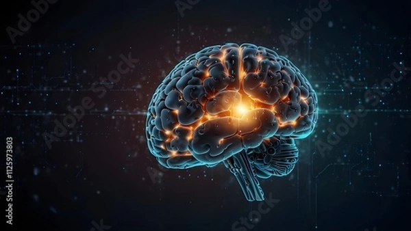 Fototapeta The idea of artificial intelligence meets big data. A human brain that glows from a processor represents the combination of machine learning and human intelligence. The development of technology in