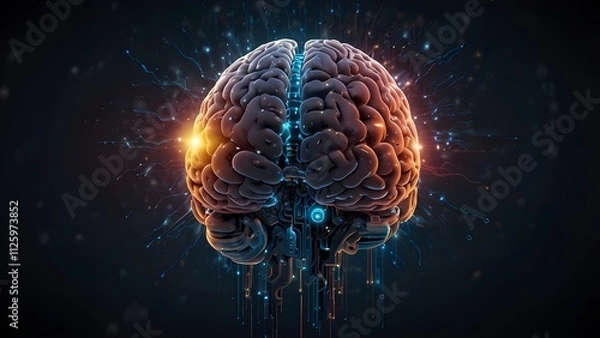 Fototapeta The idea of artificial intelligence meets big data. A human brain that glows from a processor represents the combination of machine learning and human intelligence. The development of technology in