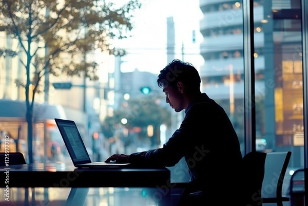 Fototapeta Silhouette of Professional Man Working on Laptop in Modern Urban Cafe with Scenic City View and Ambient Lighting