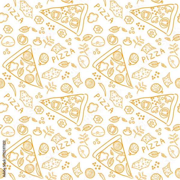 Obraz Pizza sketch ingredients - orange vector seamless pattern