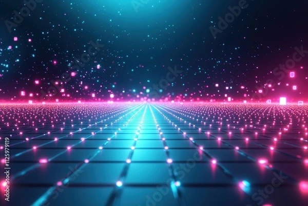 Fototapeta Futuristic digital landscape with glowing grids and vibrant particles.