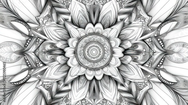 Fototapeta Intricate grayscale mandala, floral, symmetrical design.