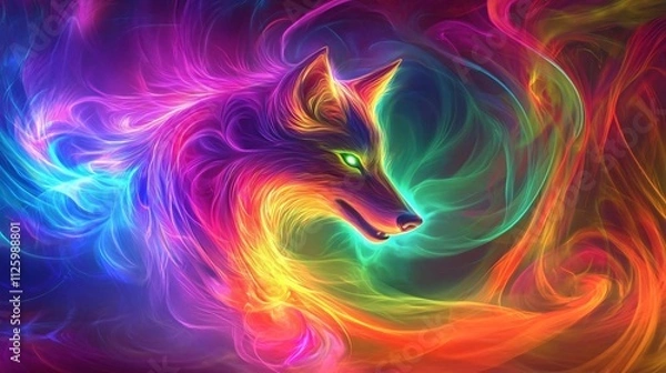 Obraz neon wolf emerging from a swirling vortex of vibrant colors, a stunning depiction of a mythical beast in glowing fantasy art