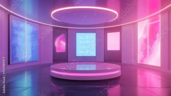 Fototapeta Neon Lit Circular Room With Illuminated Panels
