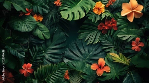 Fototapeta Lush tropical foliage with vibrant flowers creating a serene atmosphere.