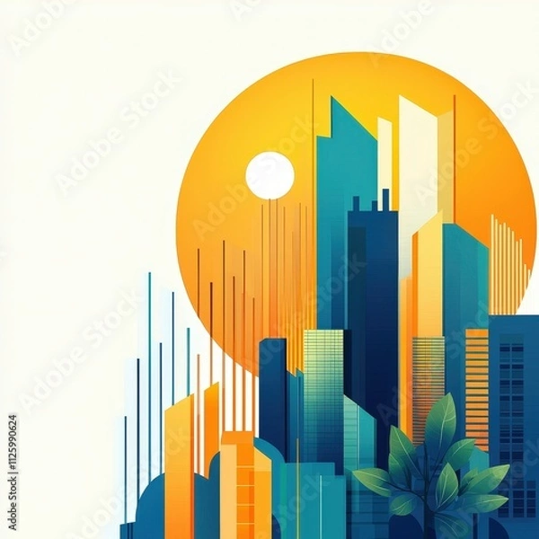 Obraz A cityscape with a large sun in the center