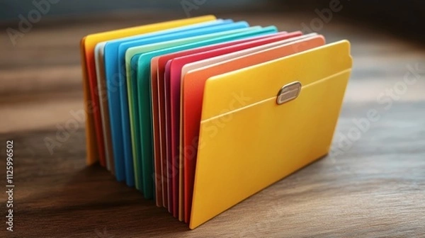 Fototapeta Colorful file folders stacked on wooden surface.