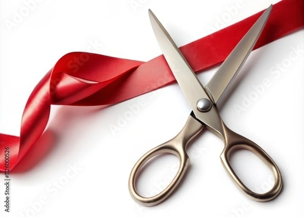 Fototapeta Aerial View Red Ribbon Cutting Ceremony, Grand Opening, Celebration, Scissors, White Background, High-Resolution Image