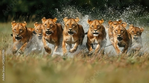 Obraz Pride of lionesses running through water, splashing.