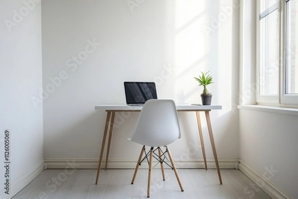 Fototapeta Minimalist workspace design featuring a sleek desk and chair bright natural light modern home office clean aesthetic focusing on productivity and calm environment