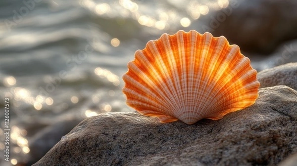 Fototapeta Seashell on rocks at sunset.