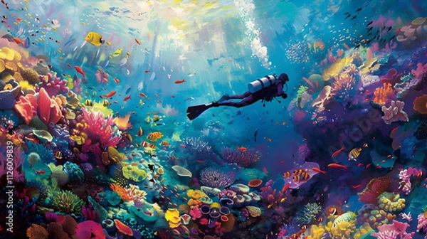 Fototapeta Diver exploring vibrant coral reef teeming with colorful fish.