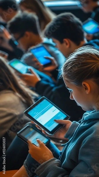 Fototapeta Students using tablets and smartphones in class.