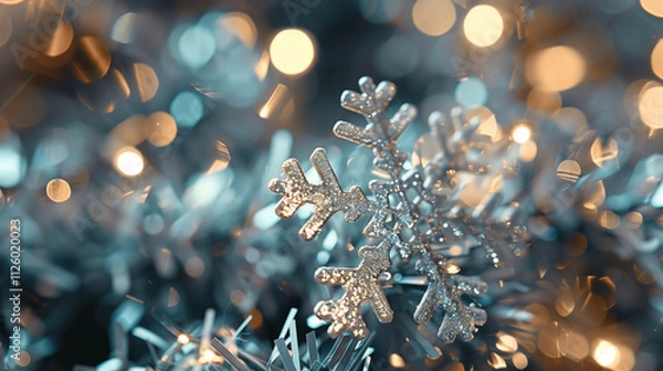 Fototapeta  two intricately detailed snowflake decorations resting on a snowy surface, with a dreamy bokeh background The scene is illuminated by warm, golden light that contrasts beautifully with the icy blue 