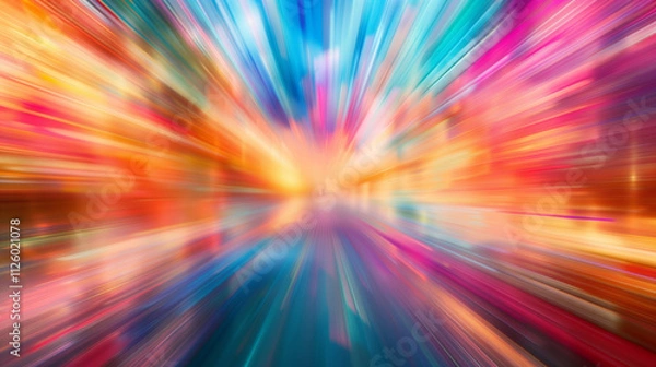 Fototapeta  a vibrant and dynamic scene, likely of a bustling urban environment The view features motion blur, with streaks of colorful lights radiating outward from a central vanishing point