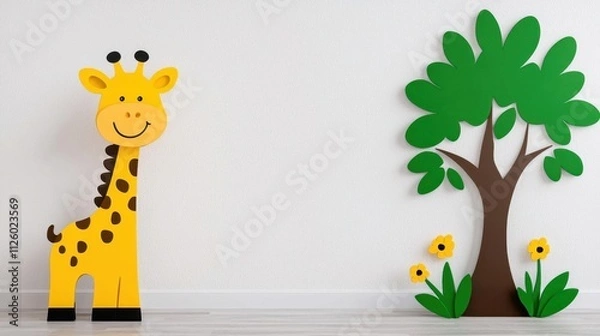 Fototapeta A living room decorated with a giraffe reaching for leaves on a tree. High Quality