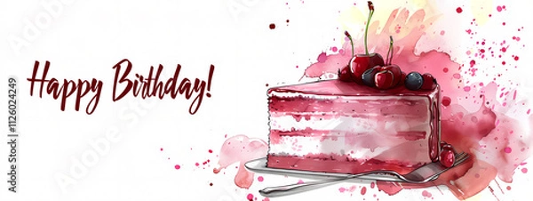 Fototapeta A colorful illustration of a birthday cake topped with cherries, celebrating happiness and joy in a vibrant style.