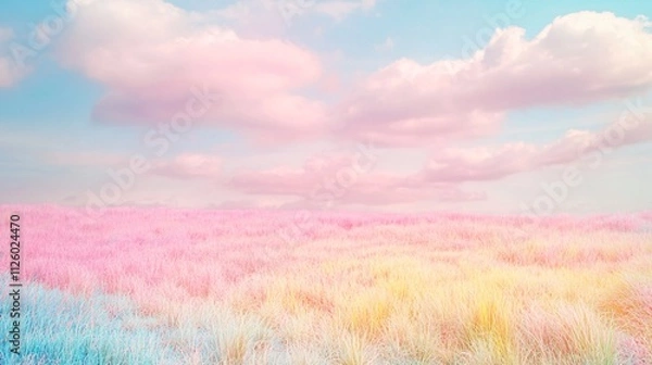 Obraz Soft pastel rainbow-colored meadow with patches of pink, blue, yellow, and green fluffy grass blending harmoniously under a soft sky painted with pastel clouds, creating a magical, dreamlike ambiance,