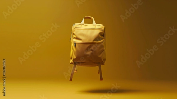 Fototapeta  a sleek and minimalist yellow backpack set against a gradient yellow background The backpack is centrally positioned, with its straps extending slightly outward, creating a balanced and symmetry