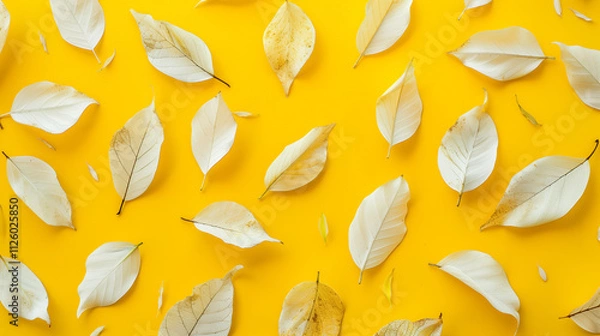 Fototapeta  a vibrant and textured yellow background with a decorative arrangement of white leaves scattered across the surface The leaves are evenly distributed, creating a visually appealing contrast 