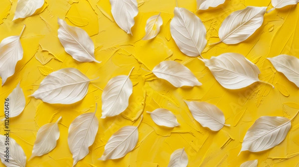 Fototapeta  a vibrant and textured yellow background with a decorative arrangement of white leaves scattered across the surface The leaves are evenly distributed, creating a visually appealing contrast 