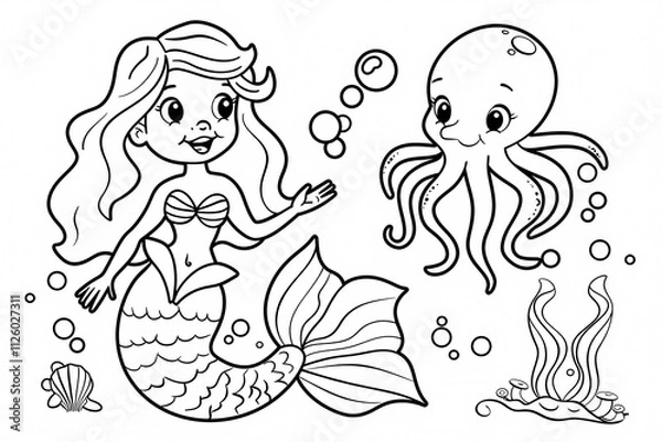 Fototapeta A joyful young girl with long hair, resembling a mermaid, interacts with a friendly octopus in a playful underwater setting.