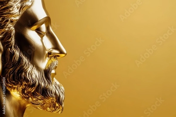 Fototapeta Golden statue of a bearded man's profile on yellow background