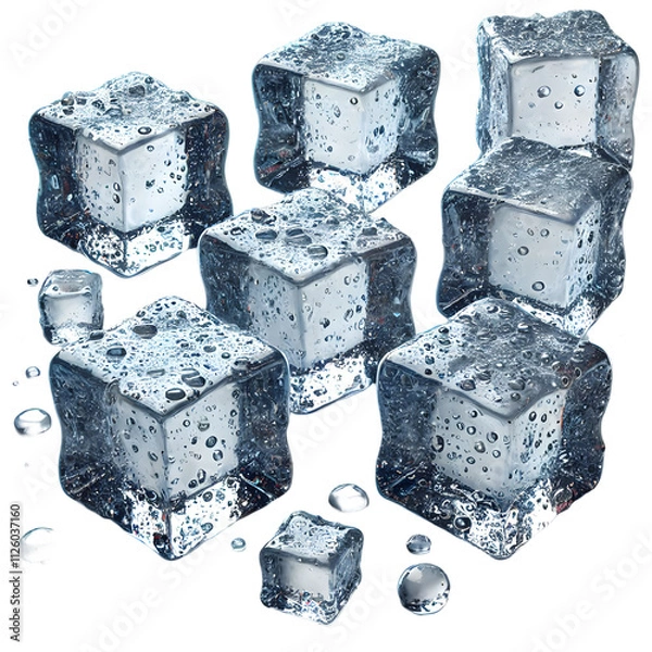 Obraz Exquisite Close-Up of Crystal-Clear Ice Cubes with Droplets A High-Definition Visual Depiction of Frozen Elegance and Cool Refreshment