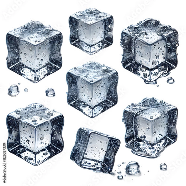 Obraz Exquisite Close-Up of Crystal-Clear Ice Cubes with Droplets A High-Definition Visual Depiction of Frozen Elegance and Cool Refreshment