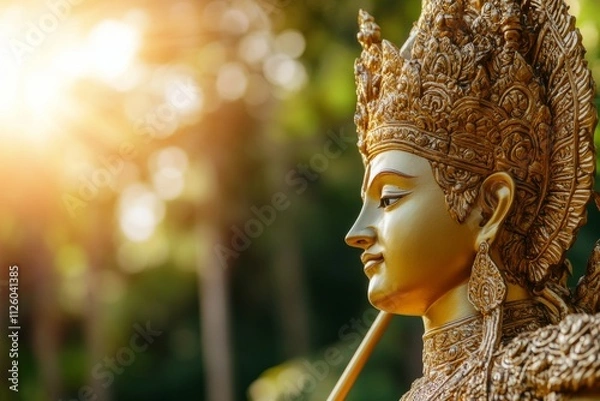 Obraz Golden hindu deity statue with intricate details in sunlit garden