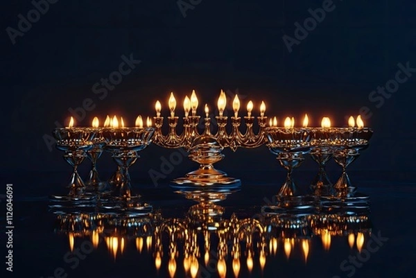 Fototapeta Happy Hanukkah greeting card template. Gold Menorah with candles on dark blue background. Hanukkah Jewish holiday celebration concept. 3D rendering 