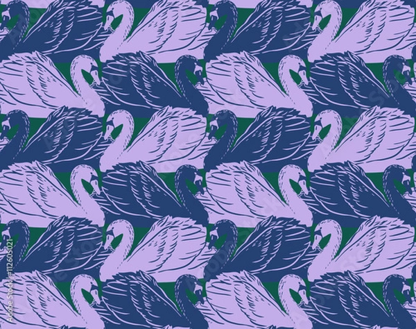 Fototapeta vector seamless gentle romantic graphical swan birds regular pattern, linear placement, outlined silhouettes  