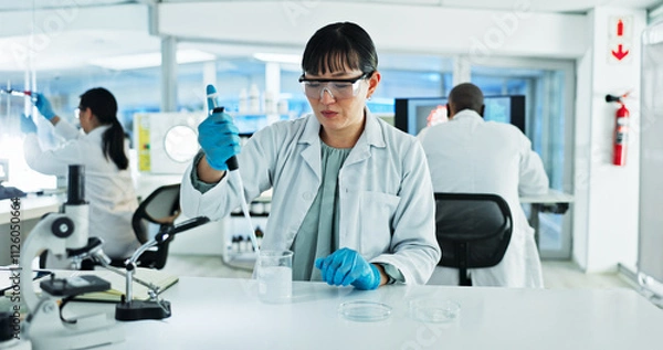 Fototapeta Scientist, woman and solution with pipette, petri dish and sample preparation in biotech laboratory. Biochemistry, bacteria and research with technician for DNA study, genetic innovation or results