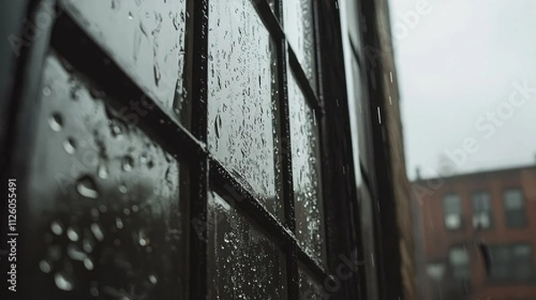Fototapeta Raindrops on Window Pane Creating a Moody Atmosphere with Urban Background and Soft Focus Offering a Captivating Scene of a Gloomy Day