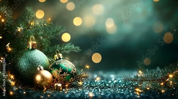 Obraz A glowing Christmas background in green hues with golden bokeh effects and a blank area for promotional content