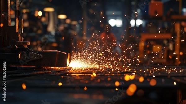 Fototapeta Sparks Fly from Angle Grinder in Workshop Creating Bright Metal Fragments