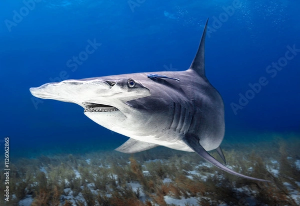 Fototapeta Eye level with a Great hammerhead shark (Sphyrna mokarran) with attending Ramora (suckerfish). The sharks shadow visible on the coral garden beneath.