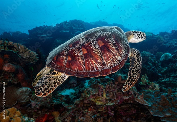 Fototapeta Looking down on a Green turtle (Chelonia mydas) swimming over a coral reef. The beautiful turtle shell is very prominent.