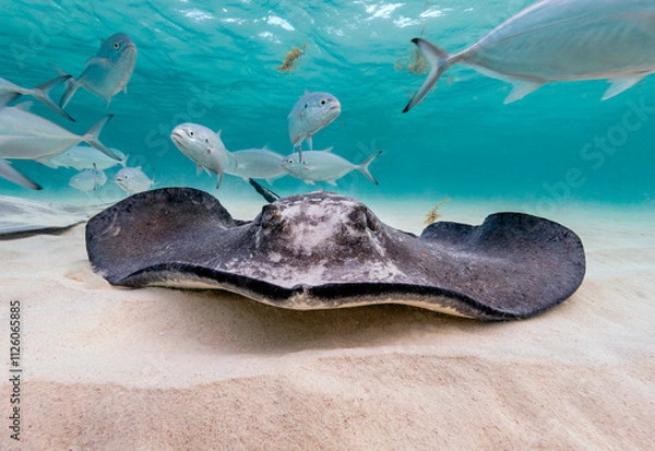 Fototapeta Eye level with a Southern Stingray (Hypanus americanus), shadow visible on the sandy seafloor and surface waves visible above. Bar jack fish just to the rear.