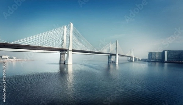 Fototapeta A dramatic image of a bridge spanning a river, with towering support beams and a blue sky.