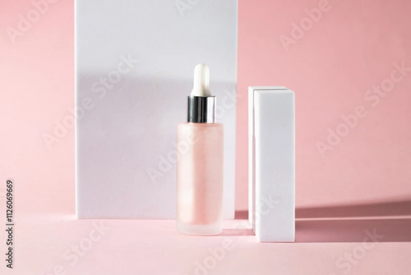 Fototapeta Pink glass dropper bottle with a silver cap at pink background with white geometric for, Modern and refined image for cosmetic promotion