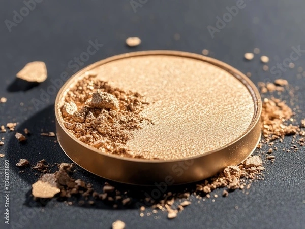 Obraz A broken gold eyeshadow pan with scattered shimmering powder, captured under soft spotlight