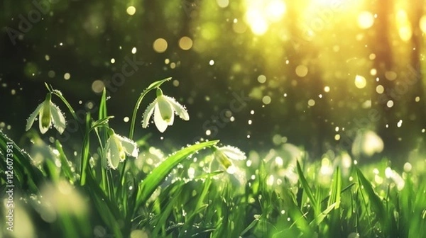 Obraz Spring snowflake blooms in sunlight.