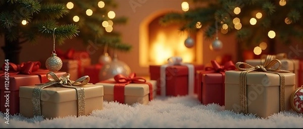 Fototapeta Warm and inviting scene: A majestic Christmas tree stands tall, its branches adorned with a stunning glass ornament, surrounded by vibrant presents wrapped in colorful paper and tied with fluffy bows.