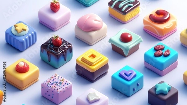 Fototapeta Colorful and unique dessert squares on a light surface showcasing various toppings and designs