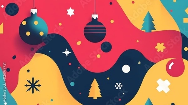 Fototapeta Minimalist Christmas card with simple, abstract illustrations of festive elements arranged on a clean, colorful background